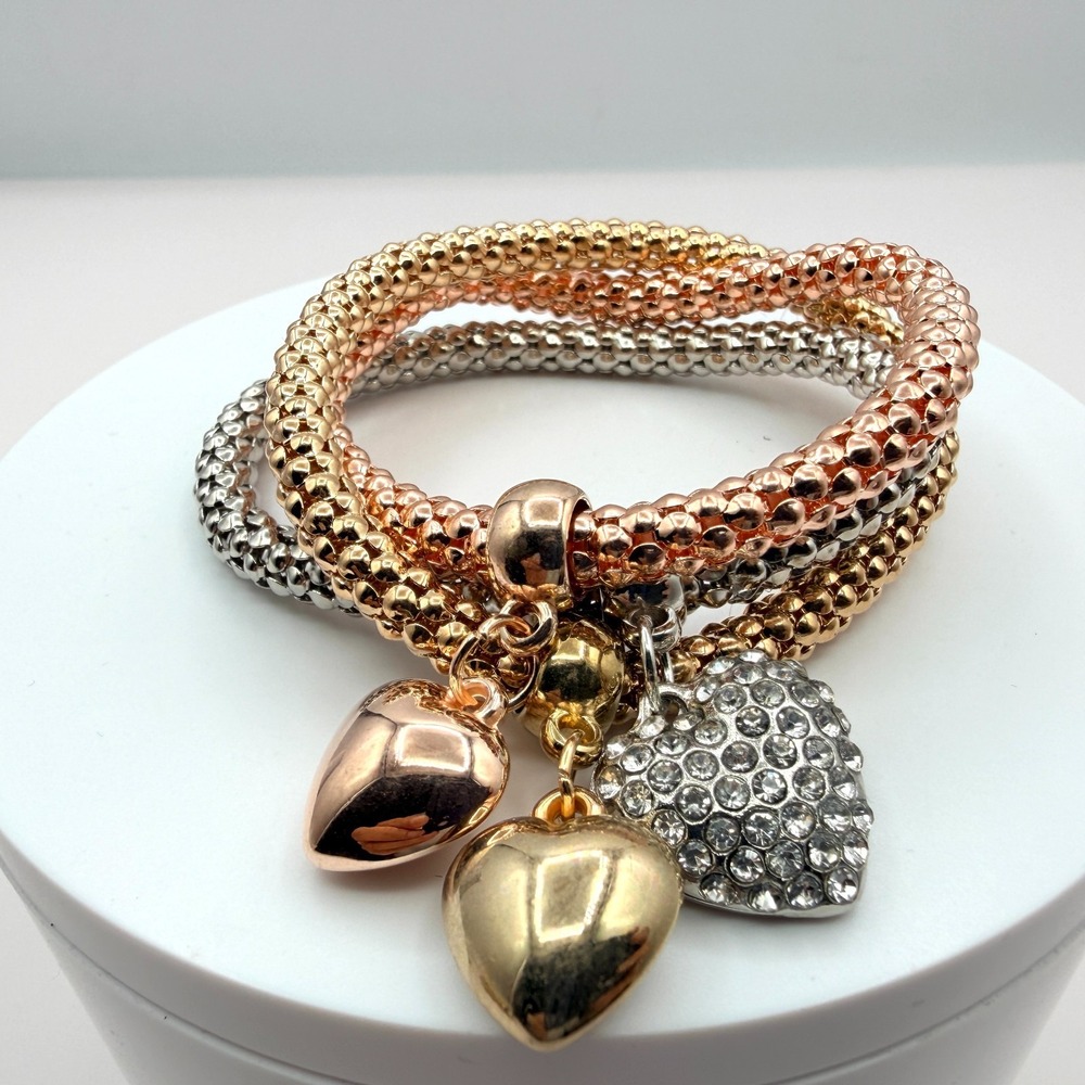 Vintage Tricolor Popcorn Stretch Bracelet Lot 3pc with Heart Charm &